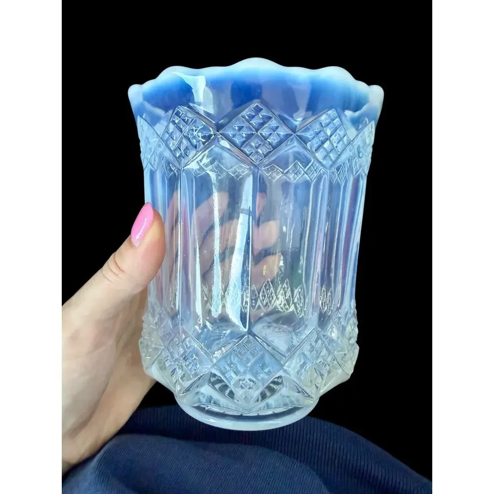 Mosser White Ice Blue Opalescent Glass Celery Vase Spooner